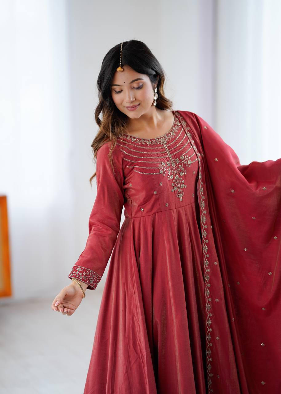 Elegant Maroon Roman Chanderi Silk Anarkali Suit Set with Embroidered Dupatta
