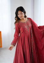 Elegant Maroon Roman Chanderi Silk Anarkali Suit Set with Embroidered Dupatta