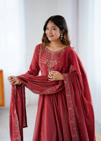 Elegant Maroon Roman Chanderi Silk Anarkali Suit Set with Embroidered Dupatta