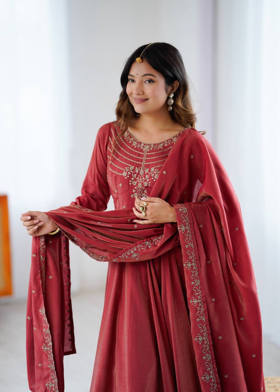 Elegant Maroon Roman Chanderi Silk Anarkali Suit Set with Embroidered Dupatta