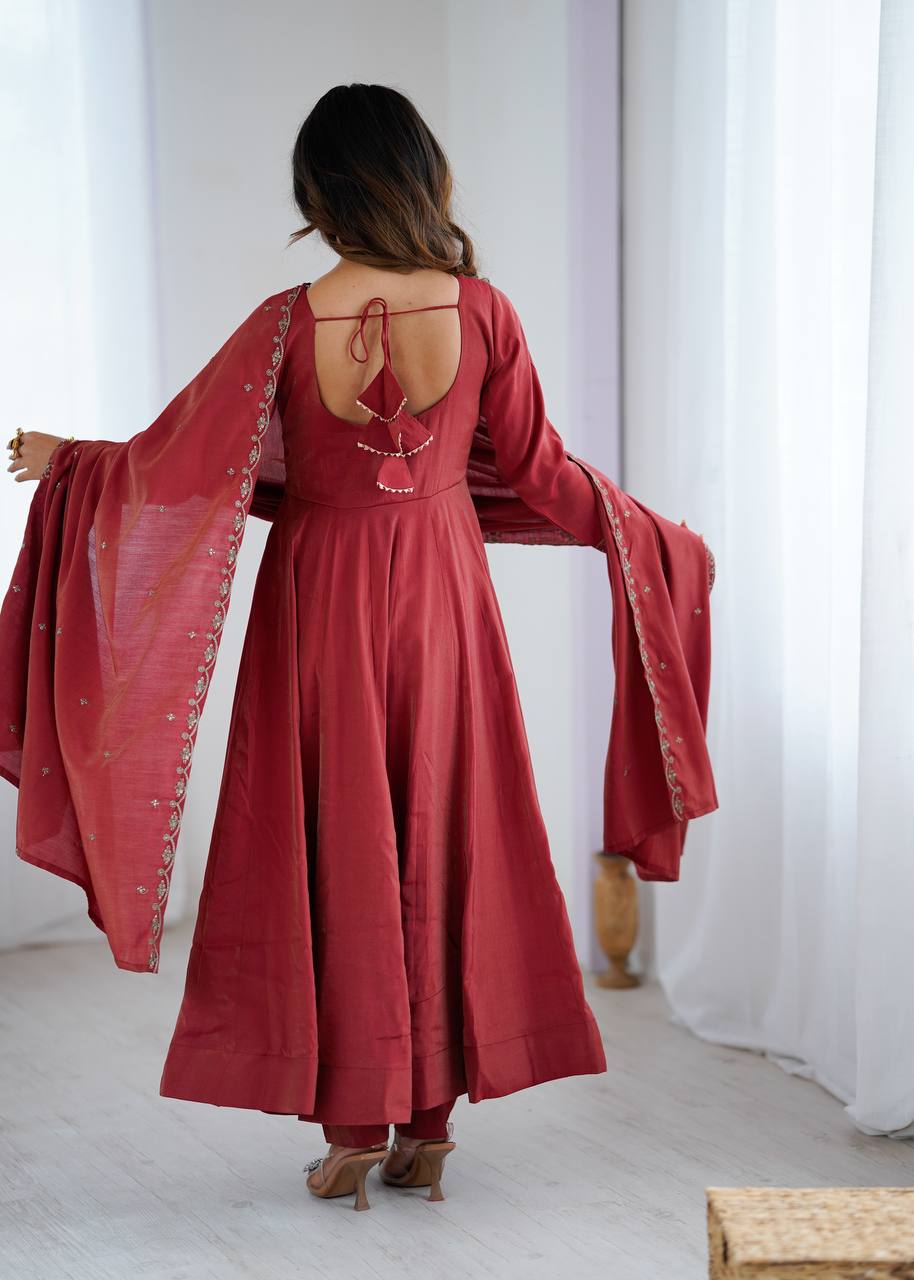 Elegant Maroon Roman Chanderi Silk Anarkali Suit Set with Embroidered Dupatta