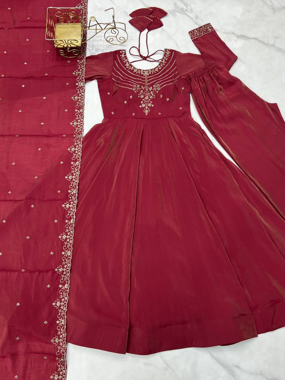 Elegant Maroon Roman Chanderi Silk Anarkali Suit Set with Embroidered Dupatta