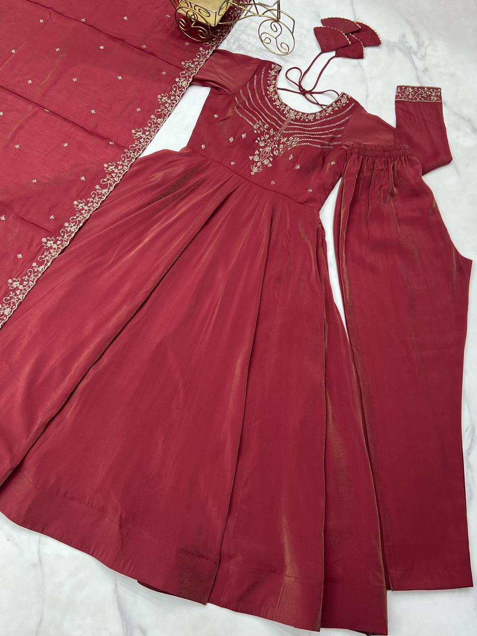 Elegant Maroon Roman Chanderi Silk Anarkali Suit Set with Embroidered Dupatta