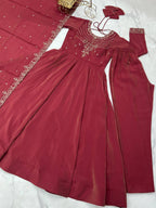 Elegant Maroon Roman Chanderi Silk Anarkali Suit Set with Embroidered Dupatta