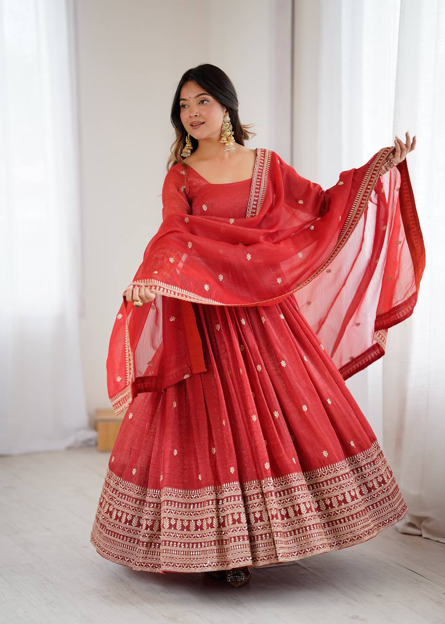 Royal Red Embroidery Crunchy Silk Anarkali Gown Set with Dupatta