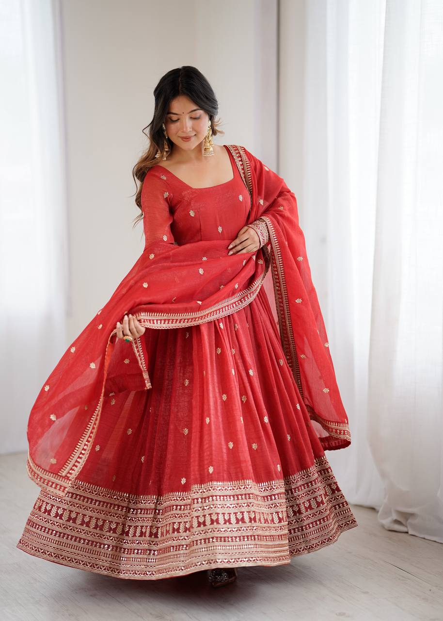 Royal Red Embroidery Crunchy Silk Anarkali Gown Set with Dupatta