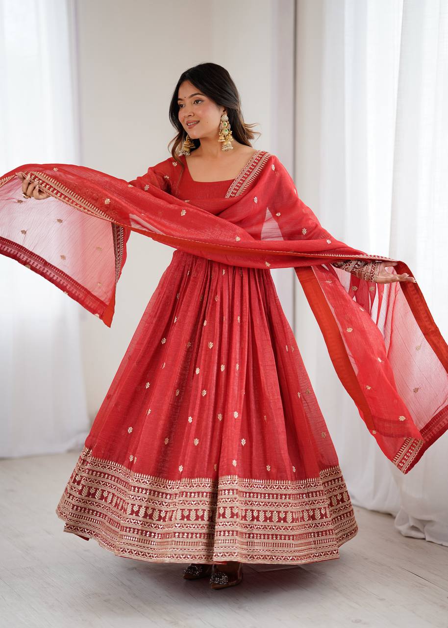 Royal Red Embroidery Crunchy Silk Anarkali Gown Set with Dupatta