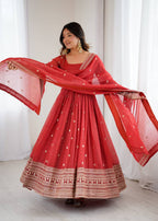 Royal Red Embroidery Crunchy Silk Anarkali Gown Set with Dupatta