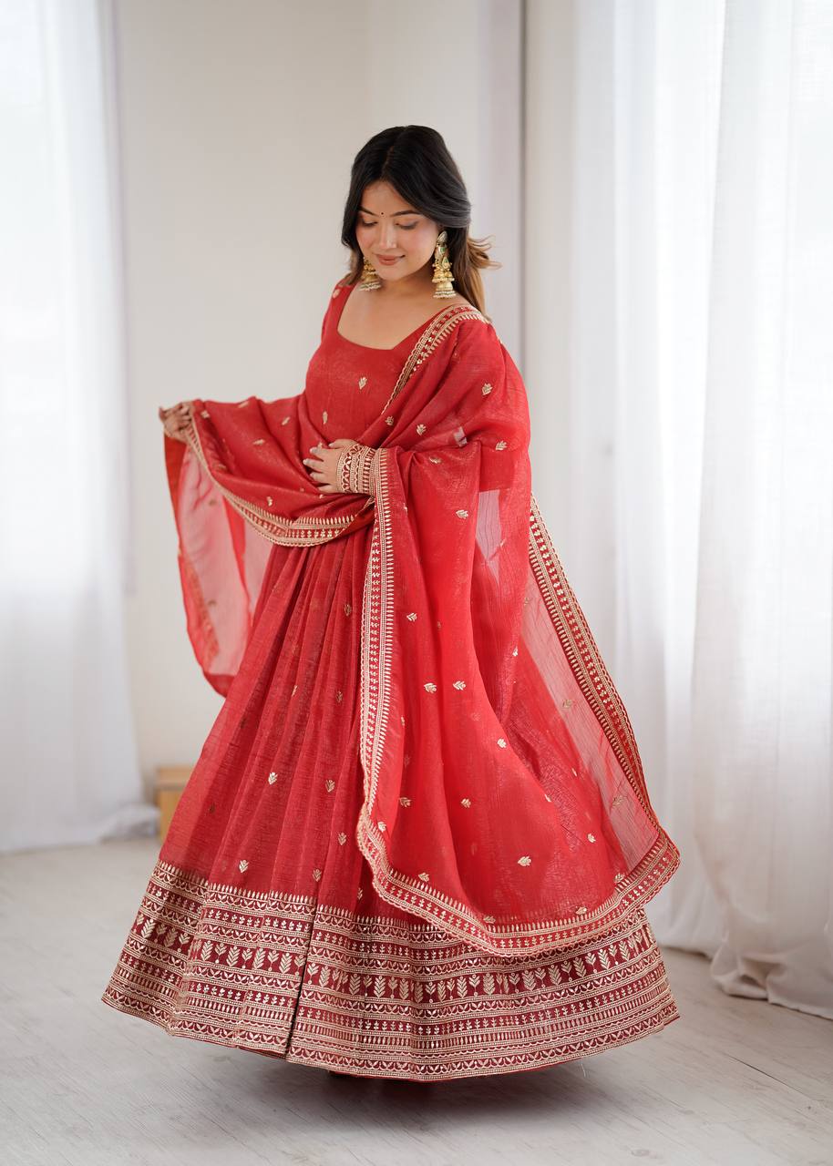 Royal Red Embroidery Crunchy Silk Anarkali Gown Set with Dupatta
