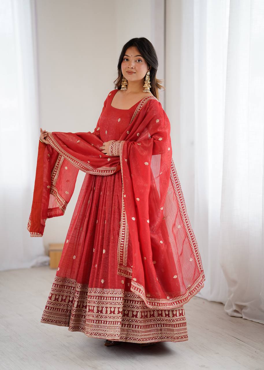 Royal Red Embroidery Crunchy Silk Anarkali Gown Set with Dupatta
