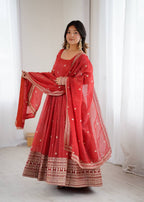 Royal Red Embroidery Crunchy Silk Anarkali Gown Set with Dupatta