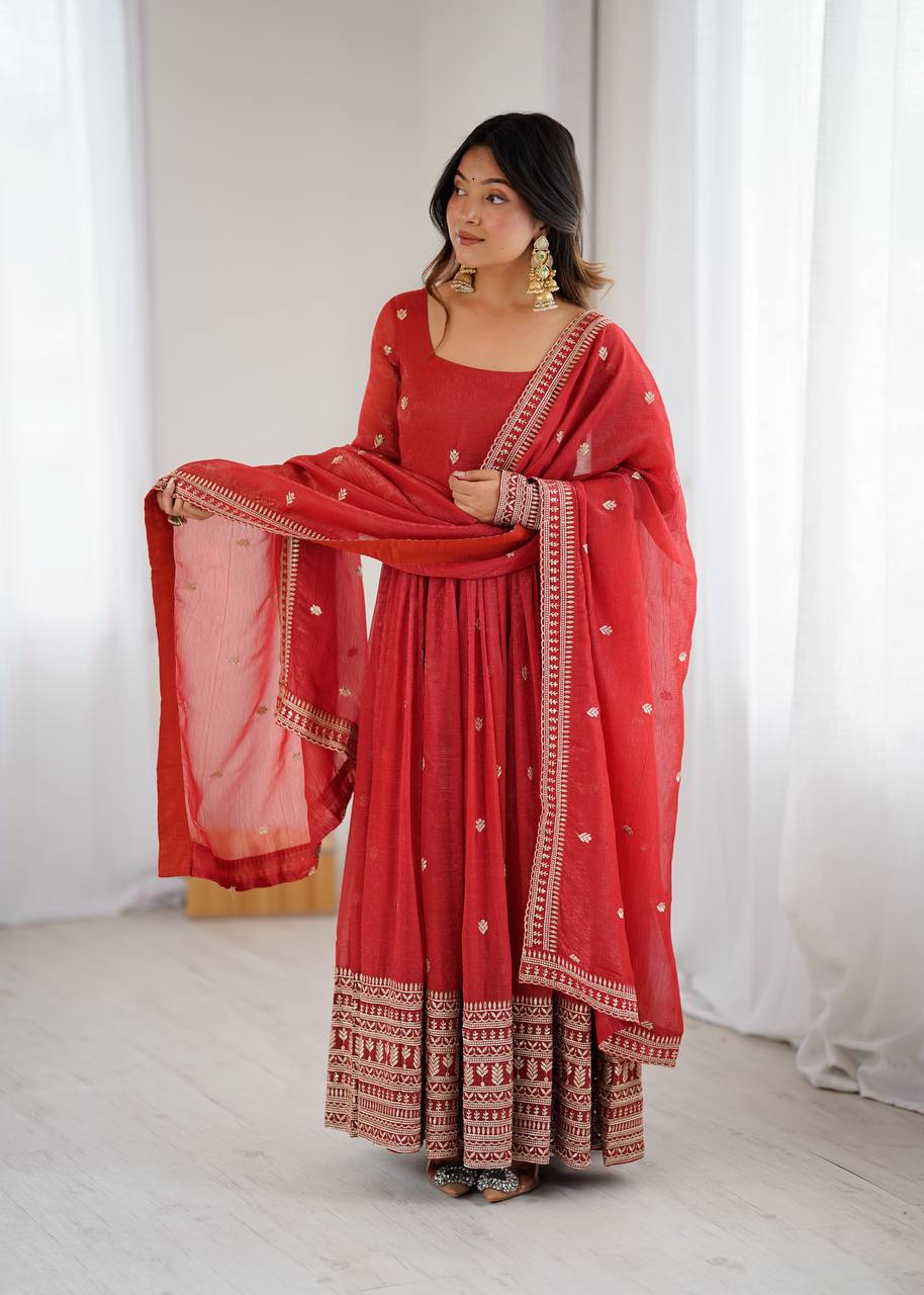 Royal Red Embroidery Crunchy Silk Anarkali Gown Set with Dupatta
