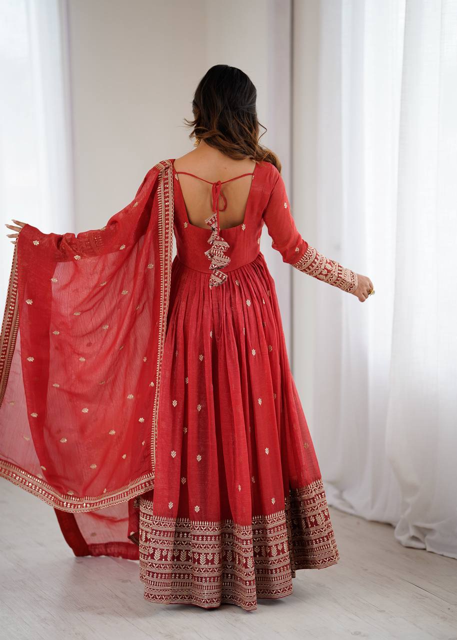 Royal Red Embroidery Crunchy Silk Anarkali Gown Set with Dupatta