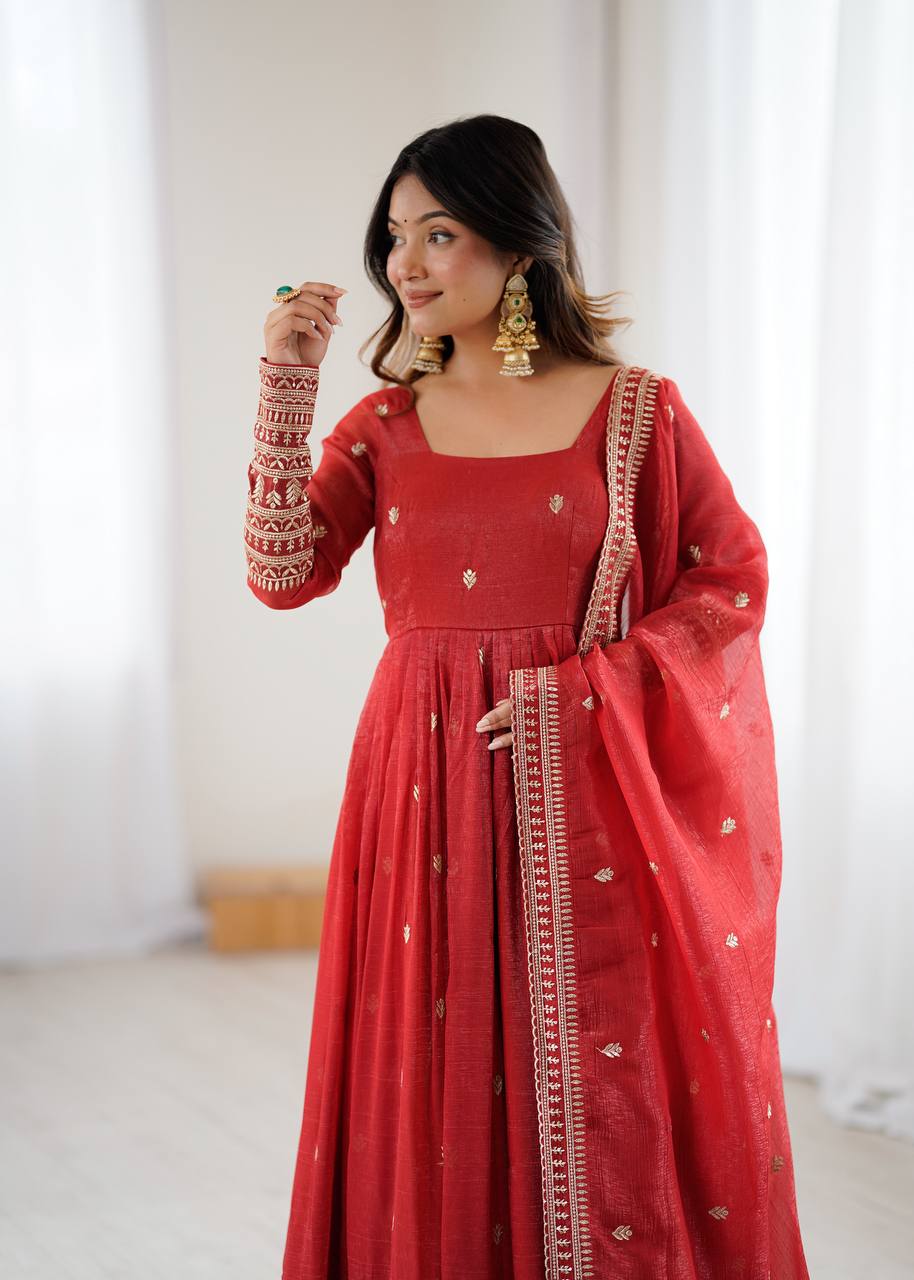 Royal Red Embroidery Crunchy Silk Anarkali Gown Set with Dupatta