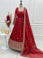 Royal Red Embroidery Crunchy Silk Anarkali Gown Set with Dupatta