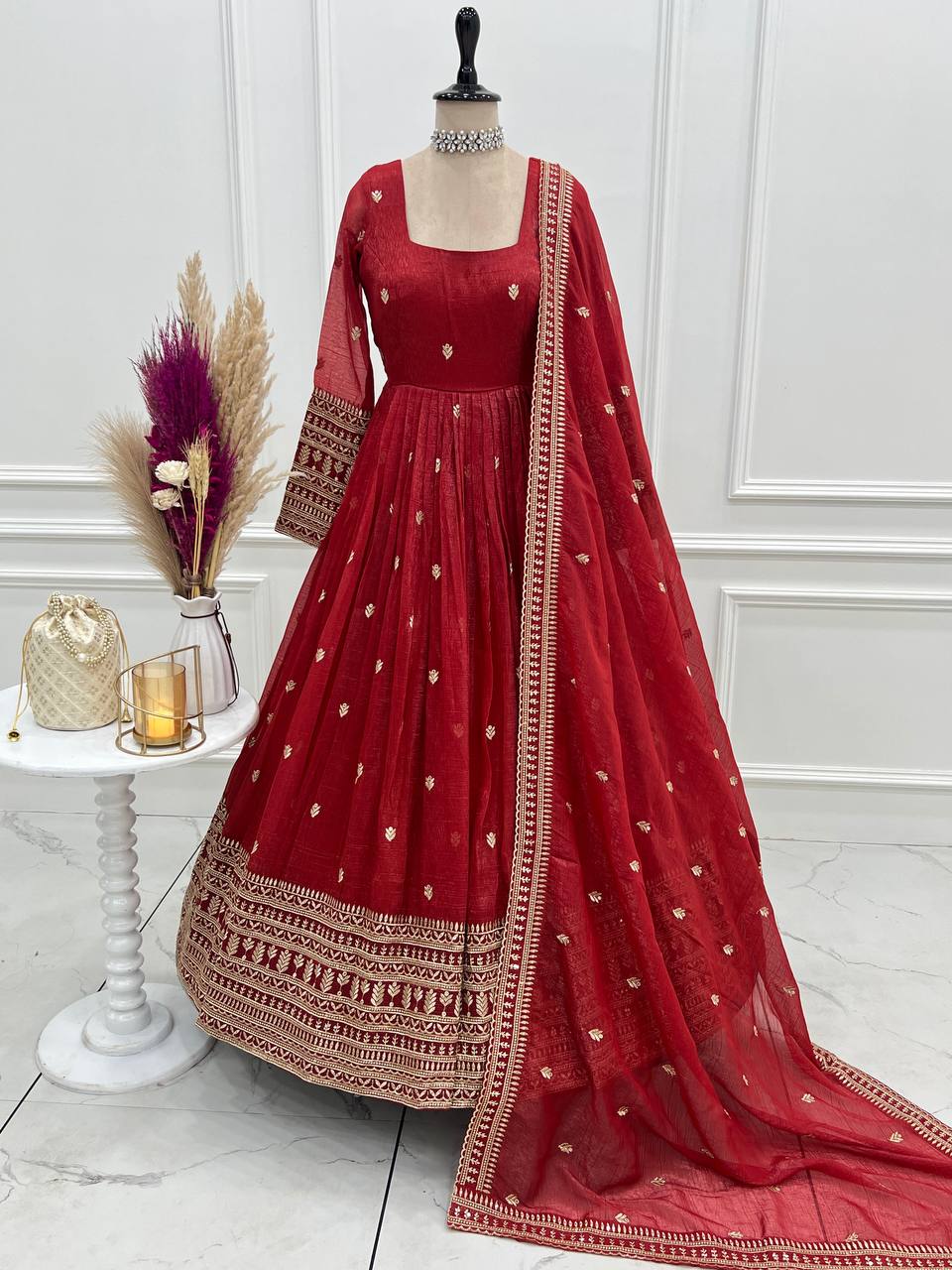 Royal Red Embroidery Crunchy Silk Anarkali Gown Set with Dupatta