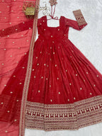 Royal Red Embroidery Crunchy Silk Anarkali Gown Set with Dupatta