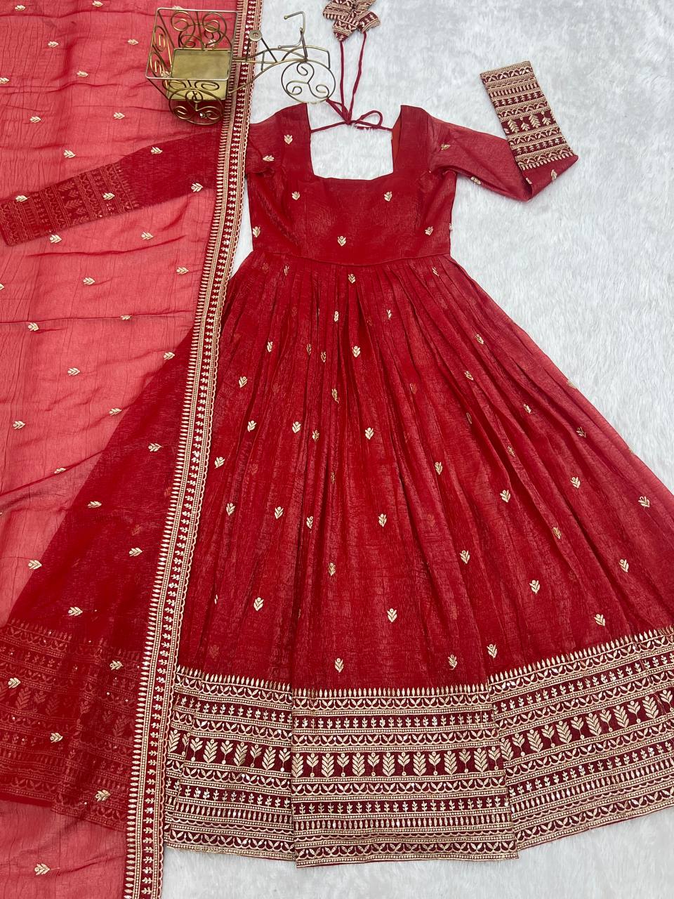 Royal Red Embroidery Crunchy Silk Anarkali Gown Set with Dupatta