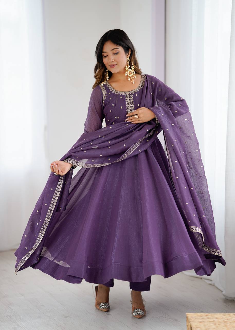 Premium Embroidery Crunchy Silk Anarkali Suit Set with Dupatta