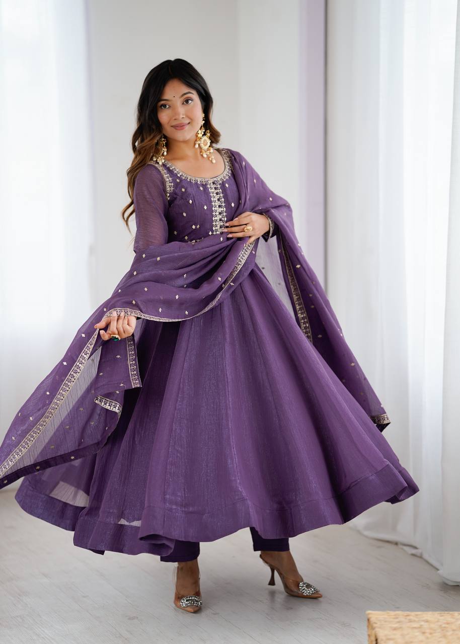 Premium Embroidery Crunchy Silk Anarkali Suit Set with Dupatta