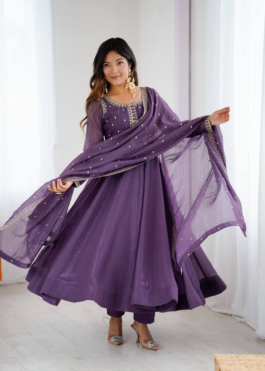 Premium Embroidery Crunchy Silk Anarkali Suit Set with Dupatta