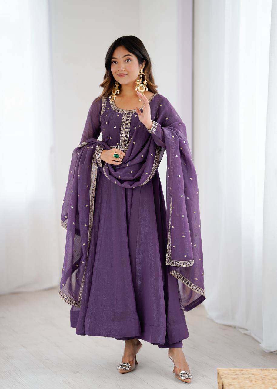 Premium Embroidery Crunchy Silk Anarkali Suit Set with Dupatta