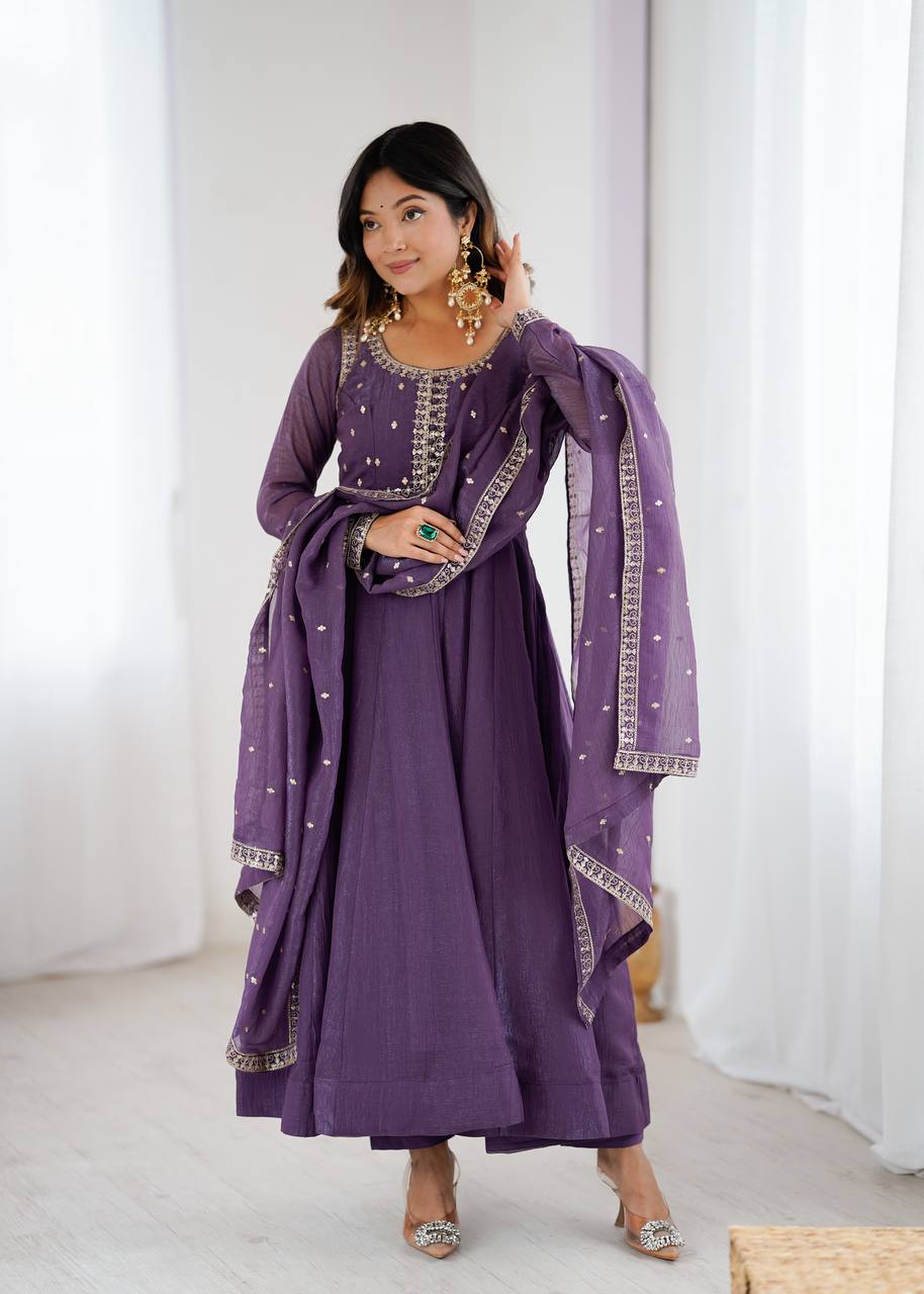 Premium Embroidery Crunchy Silk Anarkali Suit Set with Dupatta