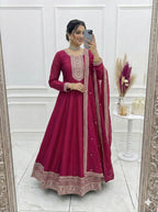 Elegant Magenta Vichitra Silk Anarkali Gown Set with Embroidered Dupatta