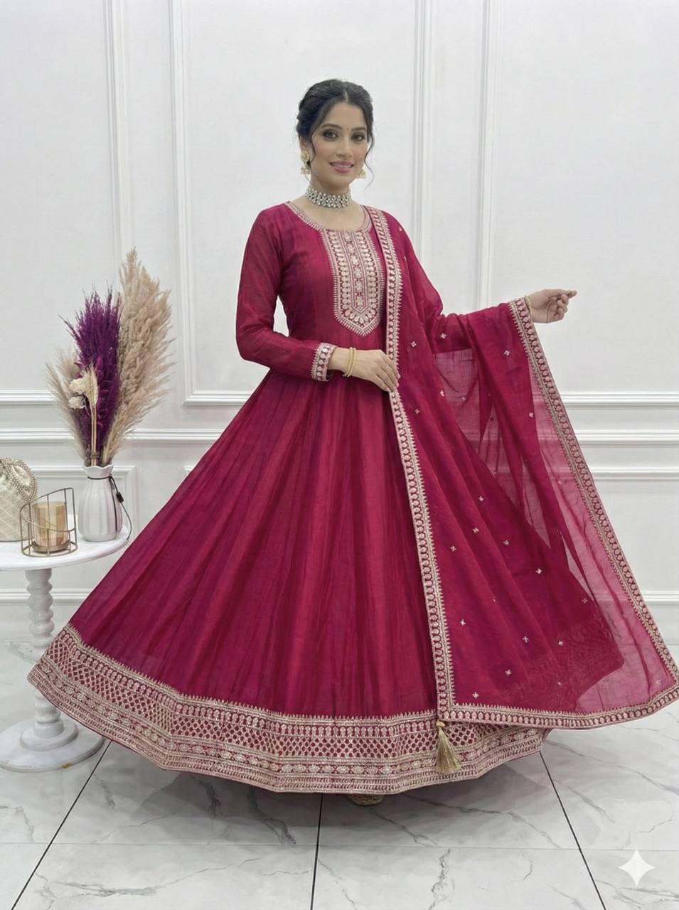 Elegant Magenta Vichitra Silk Anarkali Gown Set with Embroidered Dupatta