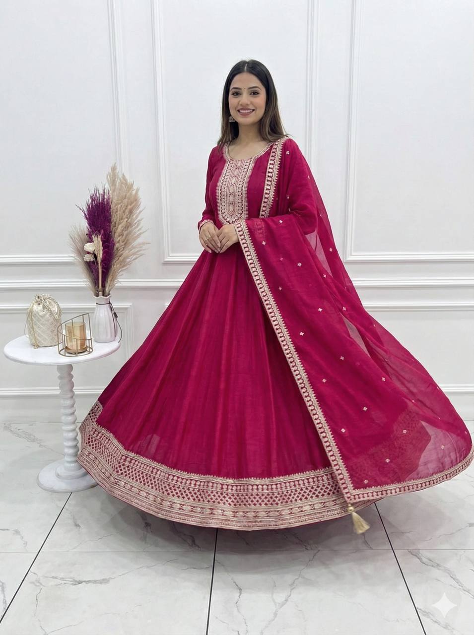 Elegant Magenta Vichitra Silk Anarkali Gown Set with Embroidered Dupatta