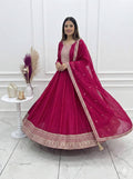 Elegant Magenta Vichitra Silk Anarkali Gown Set with Embroidered Dupatta