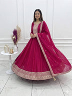 Elegant Magenta Vichitra Silk Anarkali Gown Set with Embroidered Dupatta
