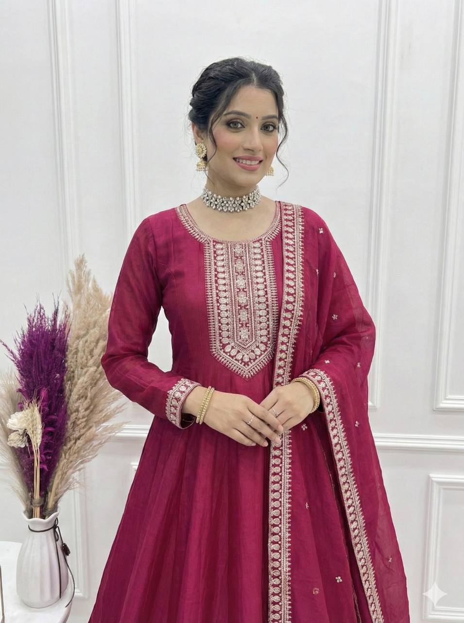 Elegant Magenta Vichitra Silk Anarkali Gown Set with Embroidered Dupatta