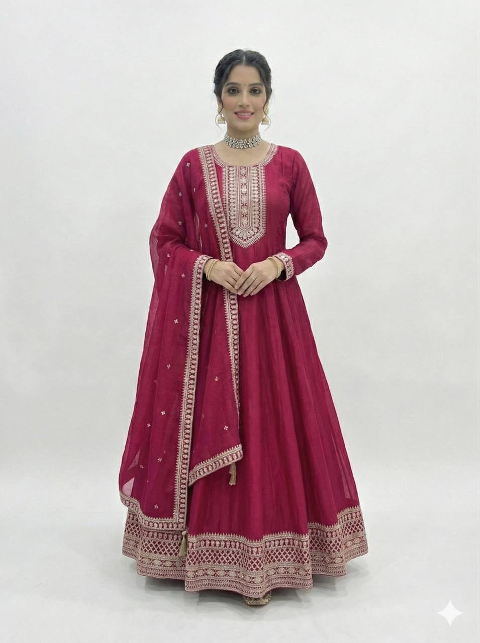 Elegant Magenta Vichitra Silk Anarkali Gown Set with Embroidered Dupatta