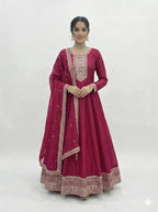 Elegant Magenta Vichitra Silk Anarkali Gown Set with Embroidered Dupatta