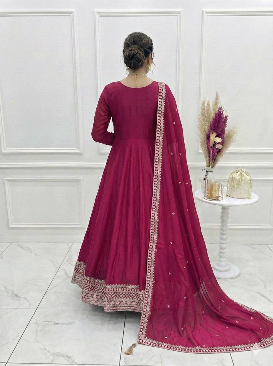 Elegant Magenta Vichitra Silk Anarkali Gown Set with Embroidered Dupatta