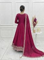 Elegant Magenta Vichitra Silk Anarkali Gown Set with Embroidered Dupatta