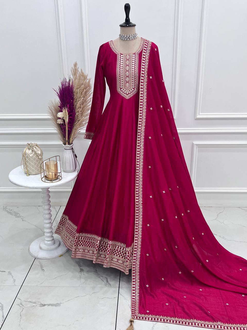 Elegant Magenta Vichitra Silk Anarkali Gown Set with Embroidered Dupatta