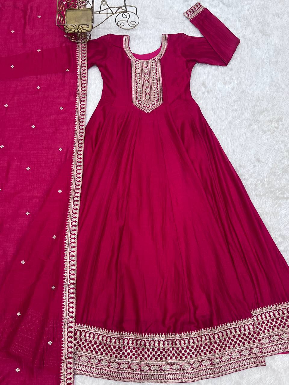 Elegant Magenta Vichitra Silk Anarkali Gown Set with Embroidered Dupatta