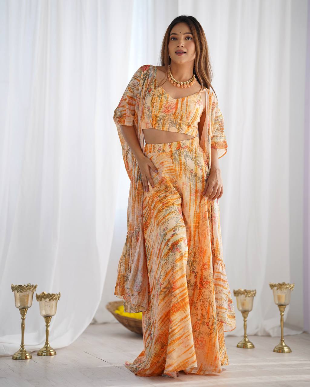 Premium Fox Georgette Printed Suit Set with Flowy Shrug
