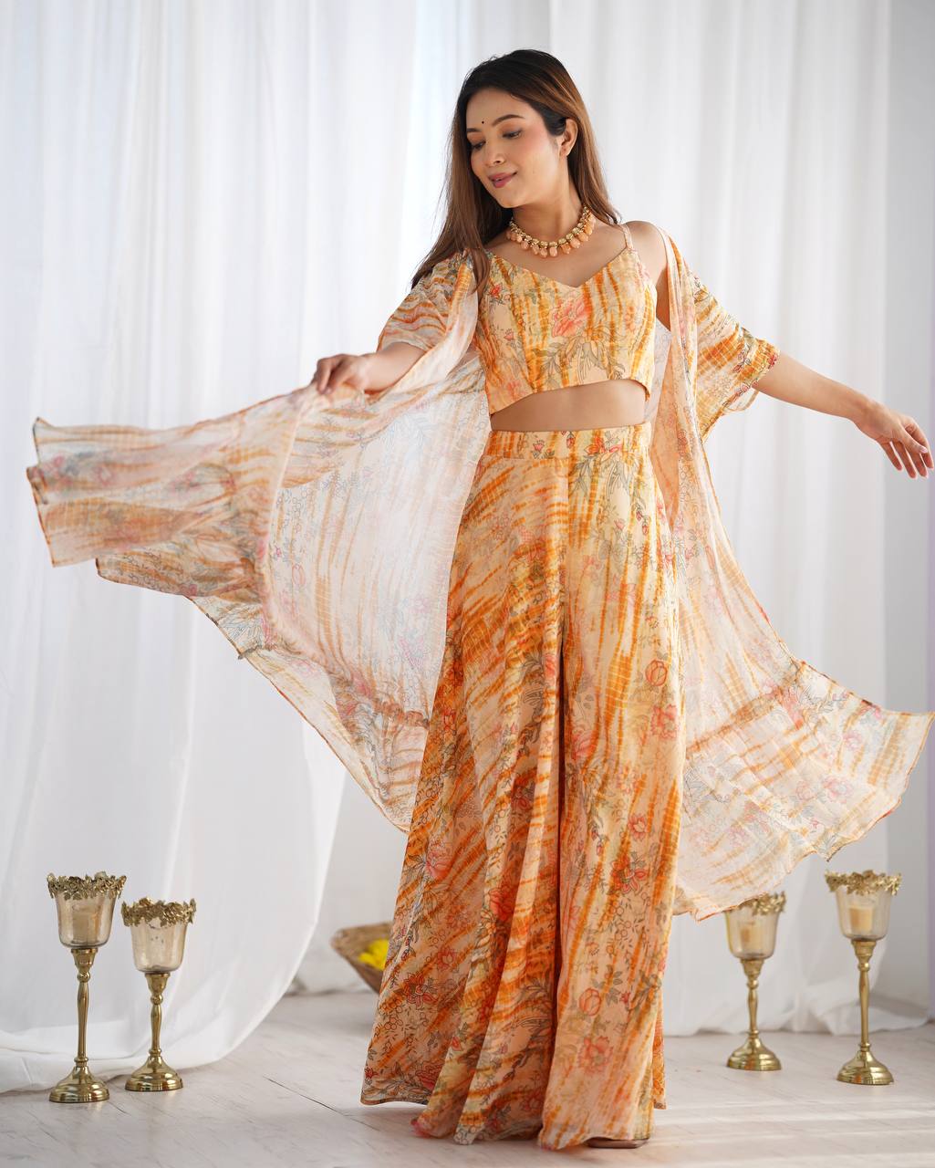 Premium Fox Georgette Printed Suit Set with Flowy Shrug