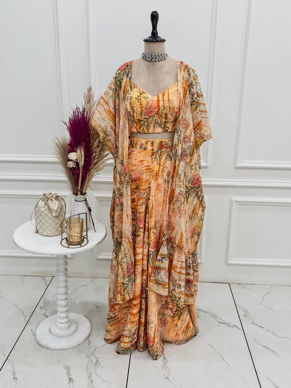 Premium Fox Georgette Printed Suit Set with Flowy Shrug