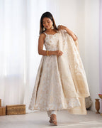 Women's Off-White Floral Brocade Anarkali Kurta with Pants and Dupatta Set