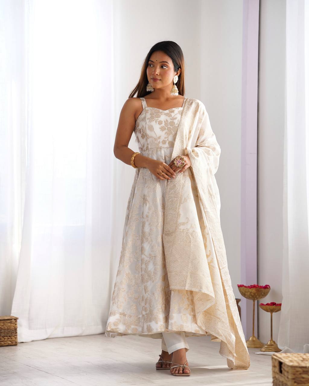Women's Off-White Floral Brocade Anarkali Kurta with Pants and Dupatta Set