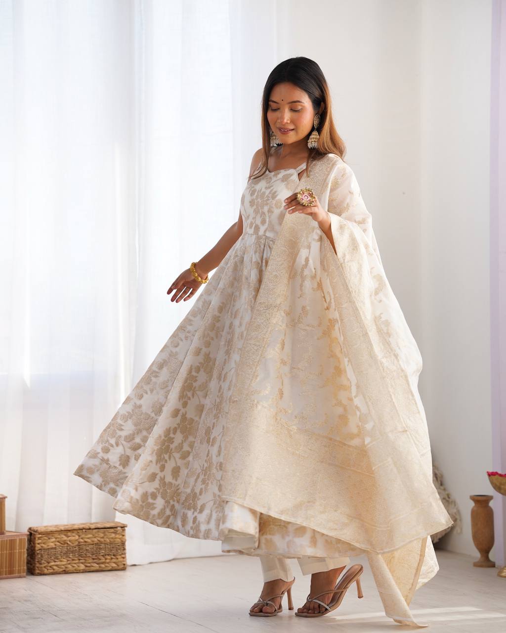 Women's Off-White Floral Brocade Anarkali Kurta with Pants and Dupatta Set