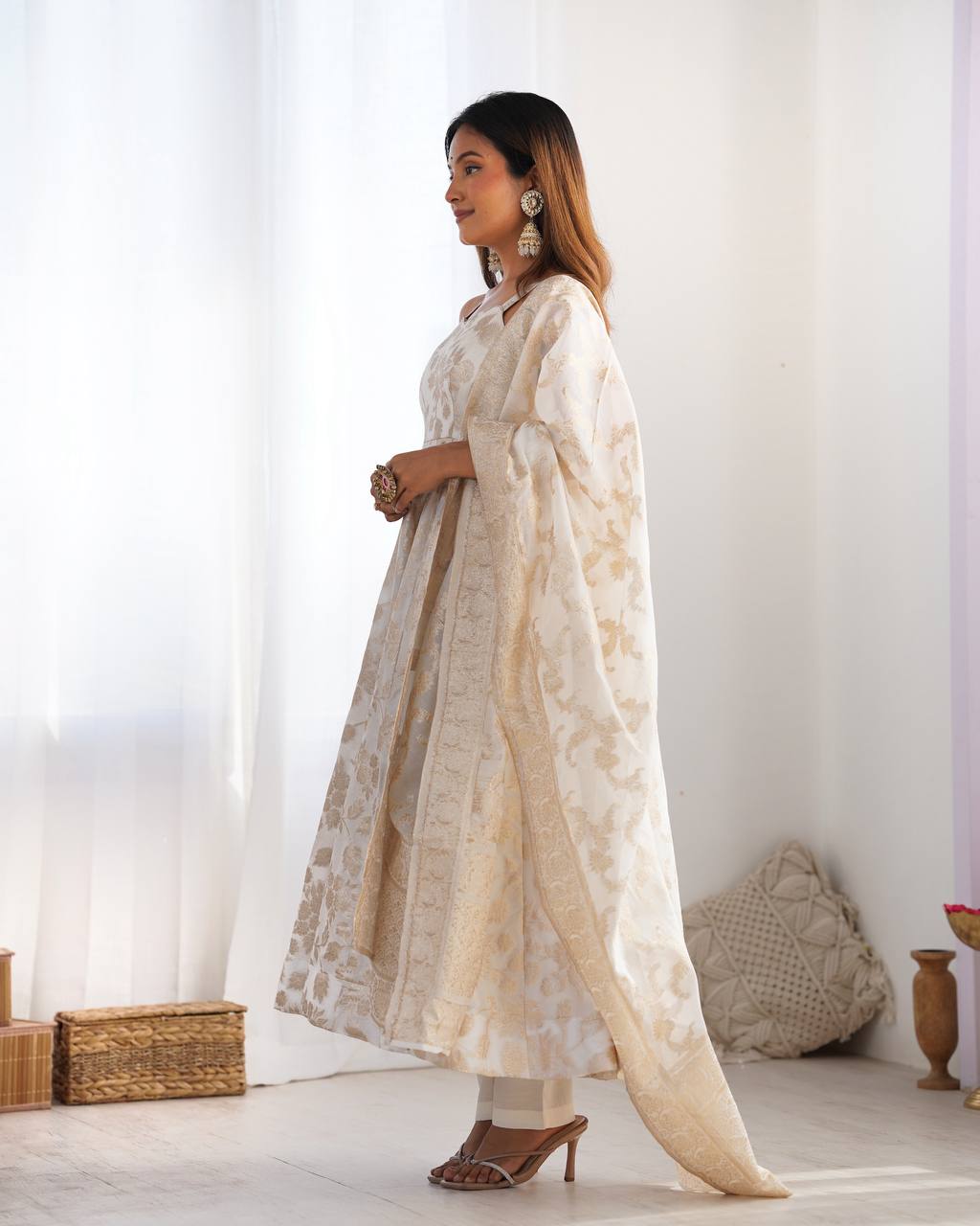 Women's Off-White Floral Brocade Anarkali Kurta with Pants and Dupatta Set