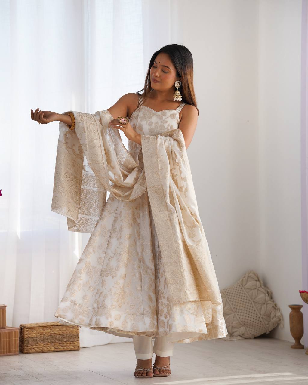 Women's Off-White Floral Brocade Anarkali Kurta with Pants and Dupatta Set