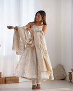 Women's Off-White Floral Brocade Anarkali Kurta with Pants and Dupatta Set