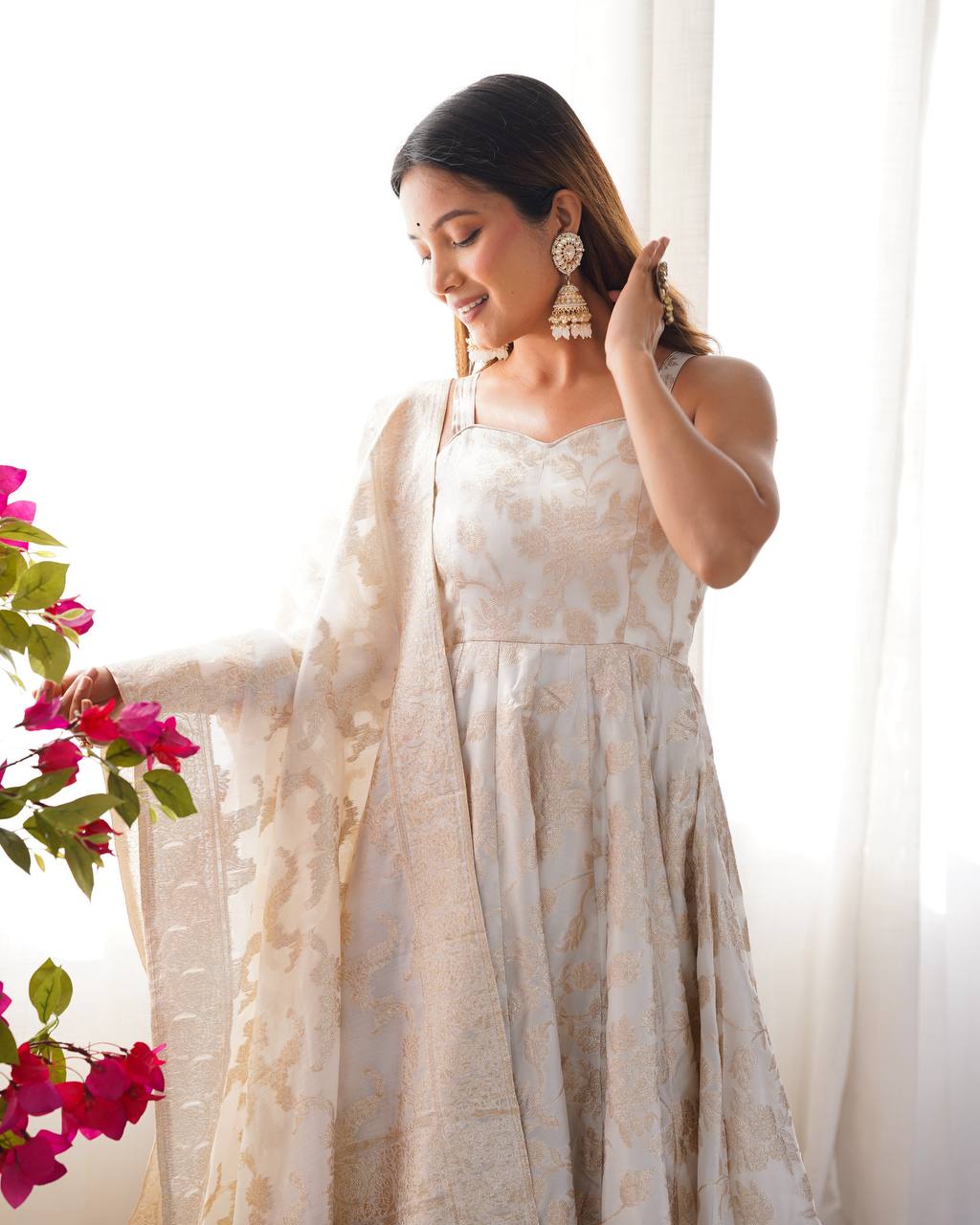 Women's Off-White Floral Brocade Anarkali Kurta with Pants and Dupatta Set