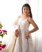 Women's Off-White Floral Brocade Anarkali Kurta with Pants and Dupatta Set